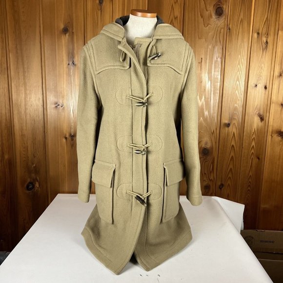 J. Crew Tan Khaki Wool Toggle Button Coat Women's Size Medium Hooded Jacket - Picture 4 of 11